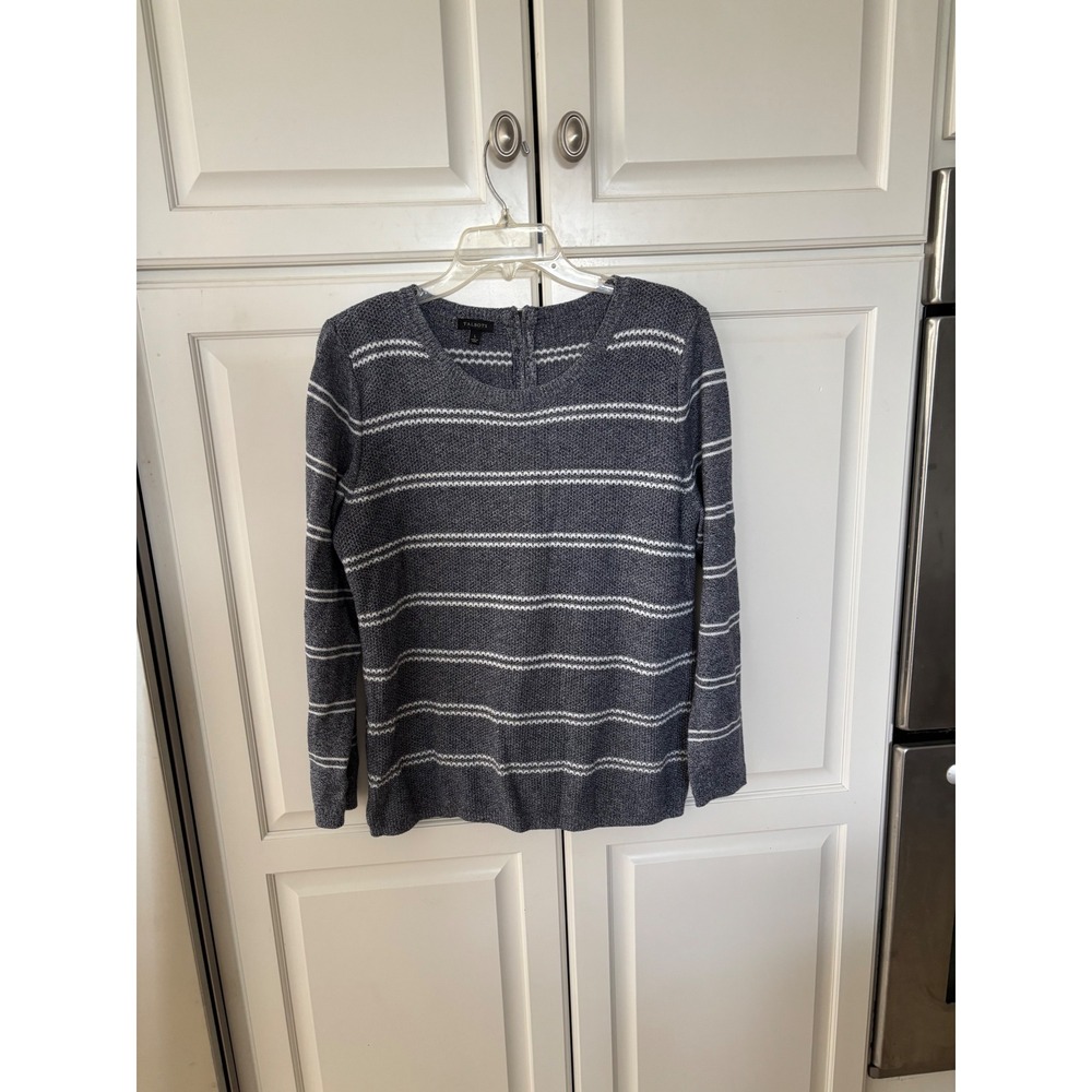 Talbots Womens Navy Blue White Striped Back Zip Cotton Blend Sweater Size Large